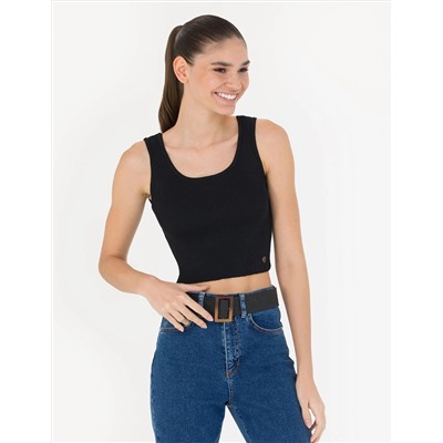 Siyah Crop Top Triko Bluz
