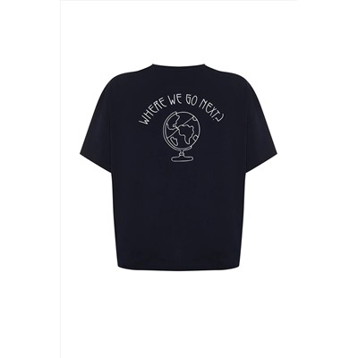 Lacivert %100 Pamuk Sırt Baskılı Rahat Kesim Bisiklet Yaka Örme T-Shirt TBBSS24BF00025