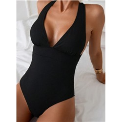 SHEIN Swim Solid Deep V-Neck Backless Halter Swimsuit For Women,Summer Beach