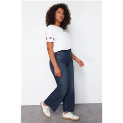 Koyu Mavi Yüksek Bel Soluk Efekt Vintage Yıkama Geniş Paça Büyük Beden Wide Leg Jeans TBBSS24CJ00050