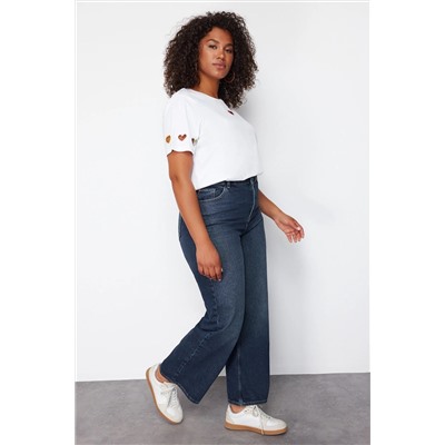Koyu Mavi Yüksek Bel Soluk Efekt Vintage Yıkama Geniş Paça Büyük Beden Wide Leg Jeans TBBSS24CJ00050