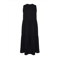 Siyah Shift/Düz Kesim Dik Yaka Midi Dokuma Elbise TBBSS22EL1593