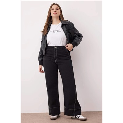 Antrasit Yüksek Bel Dikiş Detaylı Geniş Paça Büyük Beden Wide Leg Jeans TBBAW26CJ00017