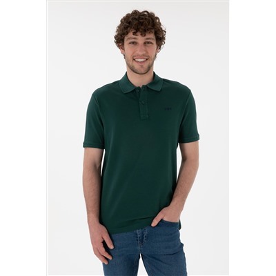 Erkek Regular Fit Polo Yaka Koyu Yeşil Basic Tişört
