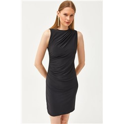 Olalook, Kadın Siyah Drape Detaylı Esnek Mini Elbise ELB-19002083
