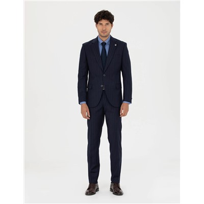 %100 Yün Lacivert Çizgili Ekstra Slim Fit Takım Elbise