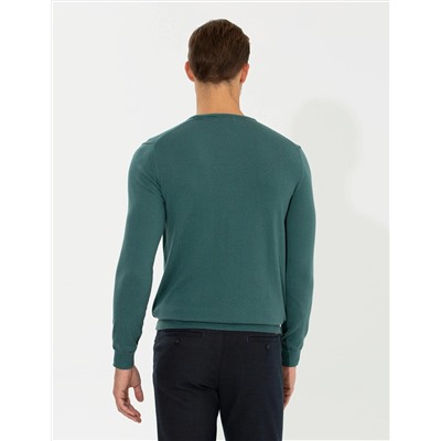 Yeşil Slim Fit Bisiklet Yaka Basic Triko Kazak