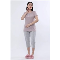 ANGELİNA Kadın Pembe Gri Çizgili Kaprili Kısa Kol Bambu Rahat Pijama Takımı 6189 TYC0014624878912