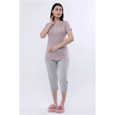 ANGELİNA Kadın Pembe Gri Çizgili Kaprili Kısa Kol Bambu Rahat Pijama Takımı 6189 TYC0014624878912