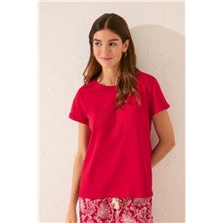 Camiseta manga corta 100% algodón rojo bordado