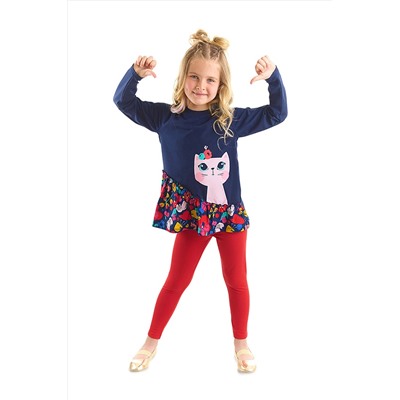 Denokids Çiçekli Kedi Kız Çocuk Lacivert Fırfırlı Tunik Kırmızı Tayt Takım CFF-22S1-123