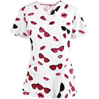 White Cross Scrubs Pucker Up And See Print Top