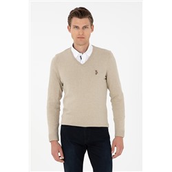 Erkek Slim Fit V Yaka Haki Melanj Basic Kazak