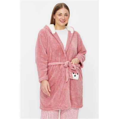 Pudra Wellsoft/Peluş Hayvan Figürlü Cepli Kapüşonlu Örme Sabahlık TBBAW24SB00013