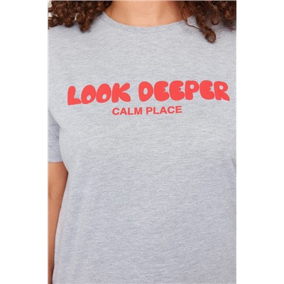 Gri Melanj Slogan Baskılı Boyfriend %100 Pamuk Örme Büyük Beden T-shirt TBBSS24BF00036