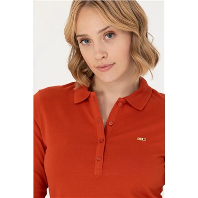 Kadın Kiremit Basic Polo Yaka Sweatshirt