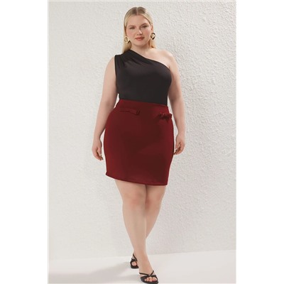 Bordo Mini Fiyonklu Dokuma Büyük Beden Etek TBBSS25AZ00024