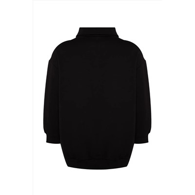 Siyah Kalın İçi Polarlı Fermuarlı Örme Sweatshirt TBBAW24AO00017