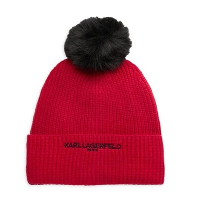Karl Lagerfeld Paris Logo Faux Fur Trim Beanie