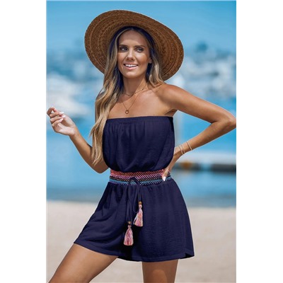 Blue Strapless Smocked Cover-Up Romper