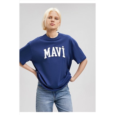 MaviLogo Baskılı Lacivert Tişört Oversize / Geniş Kesim 1600843-70722