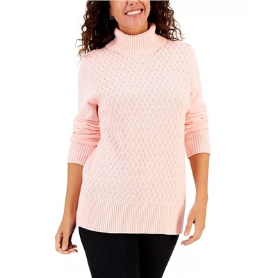 KAREN SCOTT Women's Cable-Knit Turtleneck Cotton Sweater, Created for Macy's