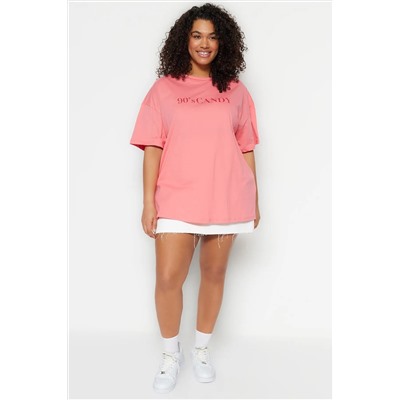 Pembe Geniş Kalıp Baskılı Bisiklet Yaka %100 Pamuk Örme T-shirt TBBSS23BF00015