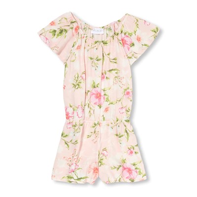 Girls Short Sleeve Floral Print Woven Romper