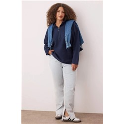 Lacivert Selanik/Triko Görünümlü Fermuarlı Yaka Regular/Normal Kalıp Örme Sweatshirt TBBAW23AO00006