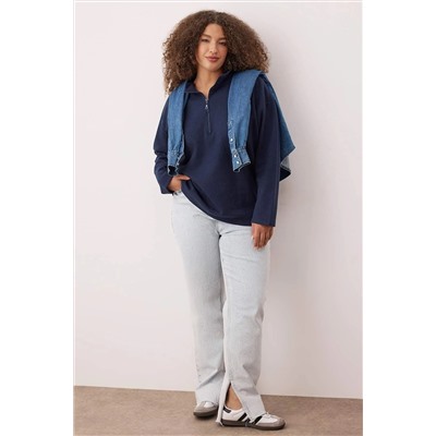 Lacivert Selanik/Triko Görünümlü Fermuarlı Yaka Regular/Normal Kalıp Örme Sweatshirt TBBAW23AO00006