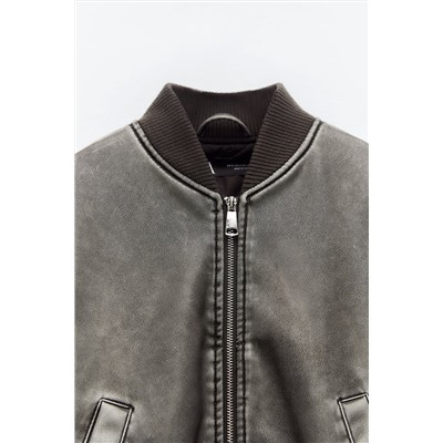 WORN EFFECT LEATHER EFFECT BOMBER JACKET