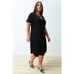 Siyah Çarpraz İp Detaylı Midi %100 Pamuk Örme Elbise TBBSS24AH00165