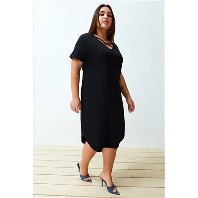 Siyah Çarpraz İp Detaylı Midi %100 Pamuk Örme Elbise TBBSS24AH00165