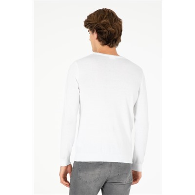 Erkek Slim Fit Bisiklet Yaka Beyaz Basic Kazak