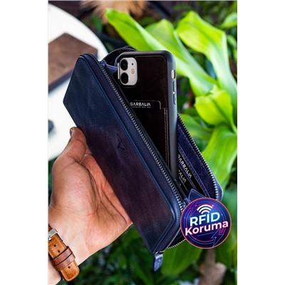 Garbalia, Unisex Lacivert Murphy Crazy Deri Telefon Bölmeli Mıknatıslı Portföy Cüzdan
