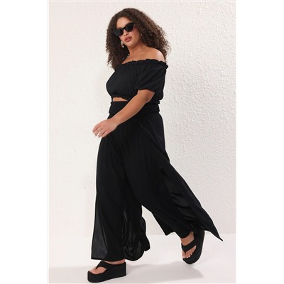 Siyah Düz Beli Gipeli Geniş Paça Plaj Giyim Büyük Beden Pantolon TBBSS25AR00010