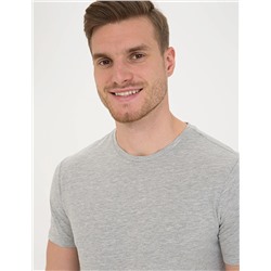 Açık Gri Melanj Slim Fit Baskılı Bisiklet Yaka Tişört