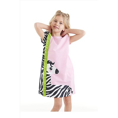 Denokids Fırfırlı Zebra %100 Pamuk Dokuma Kız Çocuk Pembe Elbise CFF-23Y1-045