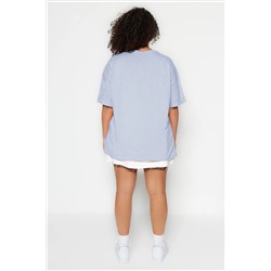 Mavi Geniş Kalıp Baskılı Bisiklet Yaka %100 Pamuk Örme T-shirt TBBSS23BF00015