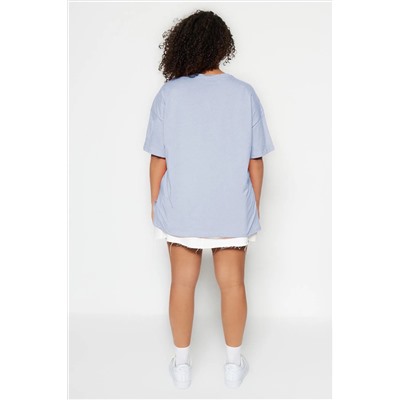 Mavi Geniş Kalıp Baskılı Bisiklet Yaka %100 Pamuk Örme T-shirt TBBSS23BF00015