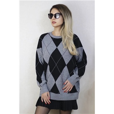 Ritnice Kadın Baklava Desen Oversize Gri Siyah Triko Kazak 1102