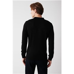 Siyah 3 Düğmeli Polo Yaka Regular Fit Standart Kesim Triko Kazak
