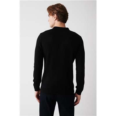 Siyah 3 Düğmeli Polo Yaka Regular Fit Standart Kesim Triko Kazak