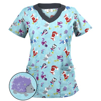 Happy Scrubs® Fall Friends Angel Blue Print Scrub Top