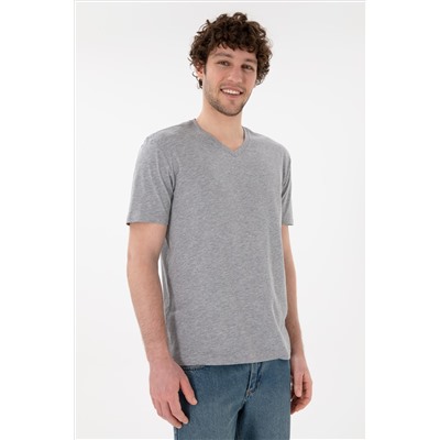 Erkek Regular Fit  V Yaka Gri Melanj Basic Tişört