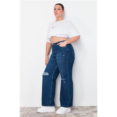 Koyu Mavi Yüksek Bel Destroylu Geniş Paça Büyük Beden Wide Leg Jeans TBBSS22JE00006