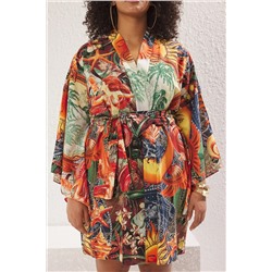 Çok Renkli Tropikal Desenli Kuşaklı Mini Dokuma Büyük Beden Kimono&Kaftan TBBSS25DE00004