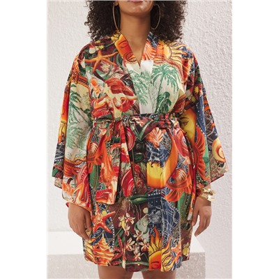 Çok Renkli Tropikal Desenli Kuşaklı Mini Dokuma Büyük Beden Kimono&Kaftan TBBSS25DE00004