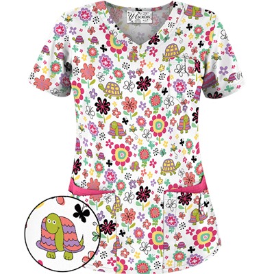 UA Slowpoke White Five-Pocket Print Scrub Top