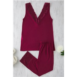 Trendyol Curve Bordo V Yaka Dantelli Örme Pijama Takımı TBBSS25AI00111